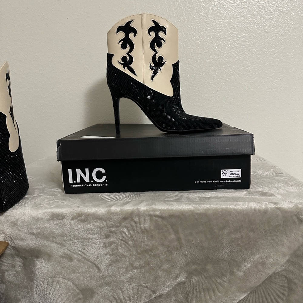 INC International Concepts Black and Cream Studded Heeled Boots